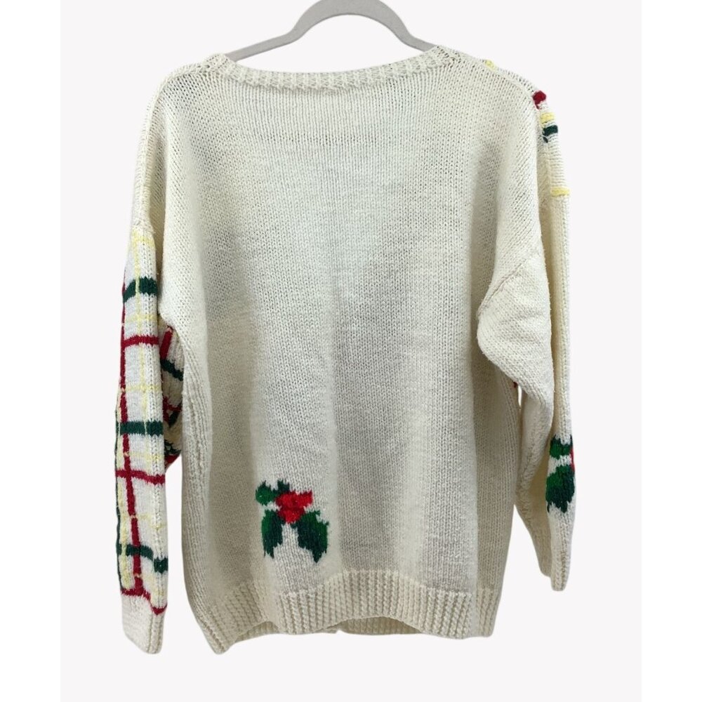 Vintage Holiday Cardigan Sweater With Holly Plaid Knit Design Est Sz L - Picture 3 of 3
